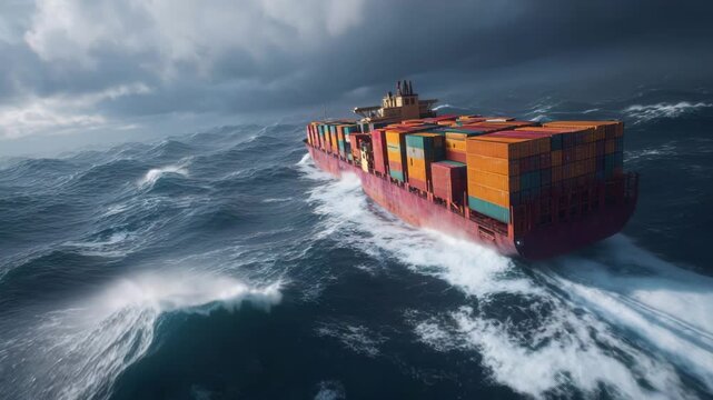Container ship navigates through rough seas under dramatic sky. Waves crash against vessel while storm clouds gather. Shipping industry plays vital role in global trade.