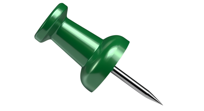 A close up shot of a green push pin with a silver needle on a black isolated background view from the side