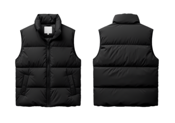 A front and back view of a black puffer vest with a zipper and pockets displayed on a black background