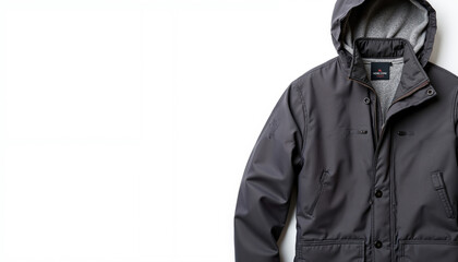 Waterproof grey jacket with hood on white background,  Winter coat sale, boxing day 