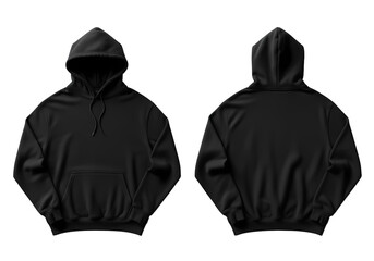 Front and back view of a black hoodie with a hood and a pocket on an isolated black background