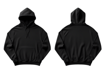 Front and back view of a black hoodie with a hood and a pocket on an isolated black background