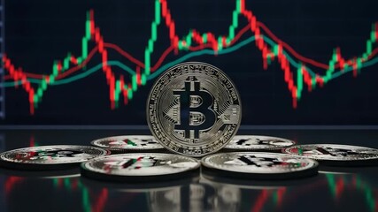 Bitcoin symbol surrounded by coins on a trading chart - Powered by Adobe
