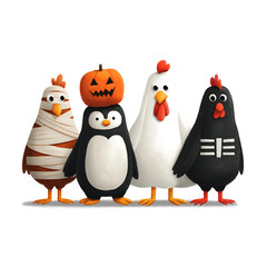 Naklejka premium Animated Penguin and Chicken Cartoon Characters in Funny Halloween Costumes - Whimsical Party Celebration