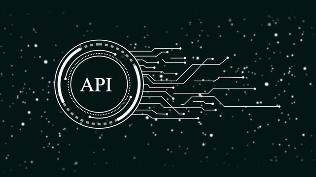 Futuristic A P I interface graphic with digital circuit lines and glowing particles on dark background technology concept