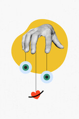 Banner image zine art pop trend collage of human hand control face element emoji eyeball mouth puppet non-verbal social media