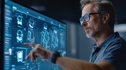 Business strategist discussing green logistics optimization in a medium shot with charts and delivery models on a digital screen.