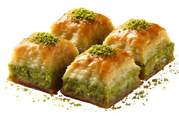 Close up of Turkish baklava pastry with pistachio topping, showcasing layers of flaky phyllo dough and syrup