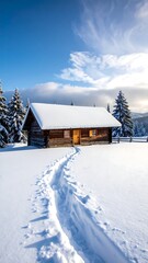 Snowy cabin with fresh footprints on a winter day