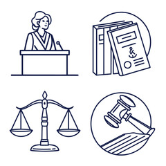 Illustration showing a judge at a podium books scales of justice and a gavel in a circle design concept