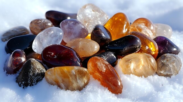 Colorful polished gemstones and crystals scattered on white snow background, featuring amber, amethyst, quartz, and agate in various shapes and sizes.