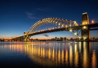 Fototapeta premium Iconic sydney harbour bridge illuminated at dusk with city skyline reflection