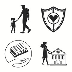 Illustration showing a father and daughter walking a shield with heart a book on hand and a house with heart