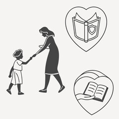 Illustration of a mother holding hands with a child alongside book heart icons representing reading love