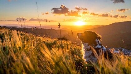 Dog gazing at sunset over golden hills