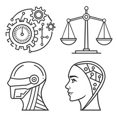 Outlined icons depicting time mechanism, scales of justice, and two futuristic human heads in black and white