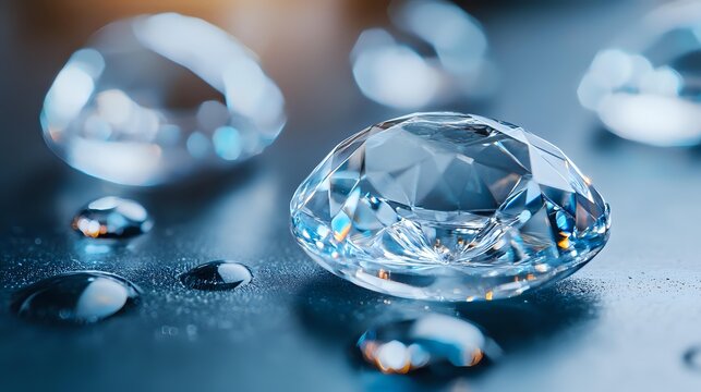 Sparkling crystal clear diamond with water drops on blue surface, macro photography showing luxury jewelry details and reflective properties in soft lighting.