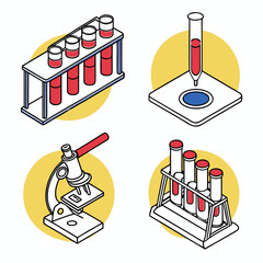 Isometric view of laboratory equipment including test tubes microscope and dropper on yellow circles