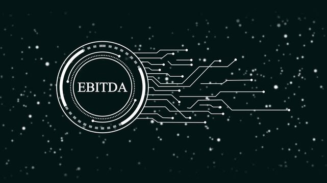 E B I T D A financial metric abstract H U D interface with glowing digital circuits and particles on dark background for business analytics and corporate finance concepts