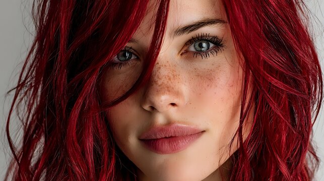 Young woman with vibrant red hair, natural freckles, and striking blue eyes gazing directly at camera against neutral background, showcasing natural beauty and unique features. - Powered by Adobe