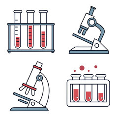 Illustration of laboratory equipment including test tubes with liquid and two microscopes on white