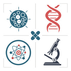 Illustration showing a virus, dna strand, atom model, and a microscope on a white background