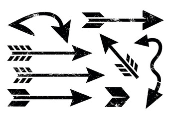 Abstract grunge arrow vector set, sketch-style navigation symbols with curved, loop, and zigzag pointers, rough textured direction icons for infographic, business, and creative motion designs