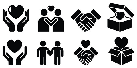 Charity Support Icon Collection – bold vector set depicting humanitarian help, donation and charity actions, family support, shelter care, protection and volunteer aid illustration, community kindness