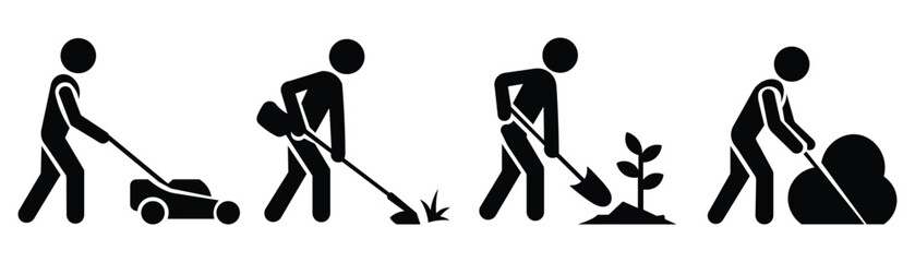 Gardening Worker Icon – people planting trees, lawn care pictogram, agriculture labor design, farming activity illustration, outdoor work vector