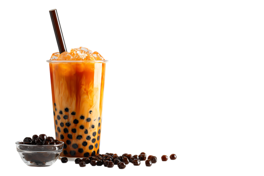 Fresh bubble milk tea with tapioca pearls, ice cubes, and straw in a glass, scattered pearls nearby
