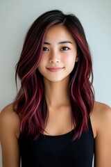 Fototapeta premium Young Asian woman with burgundy ombre hair highlights smiling at camera wearing black tank top against light background, modern hair coloring style.