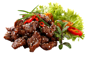 Delicious Asian style beef stir fry with red peppers, green onions, and lettuce on white background