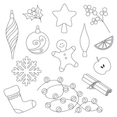 Set of Christmas black and white icons with outlines. Ornaments, cookie, sock, snowflake, cinnamon sticks, lights, star, apple slice, lemon slice. Vector illustration.