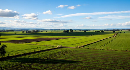 Obraz premium Aerial view of lush green land with patchwork fields and trees under a blue sky with scattered clouds on a sunny day.
