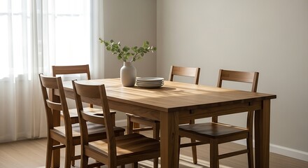 Sunlit dining room showcases a simple wooden table set with plates and greenery.