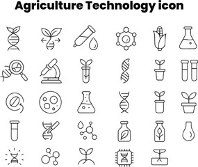 Collection of smart agriculture line icons showing drone farming and IoT connectivity