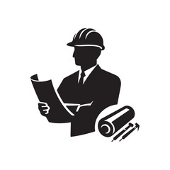 construction foreman with blueprint vector silhouette clip art logo design illustration