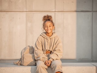 Happy preteen girl smiling with backpack sitting outdoors