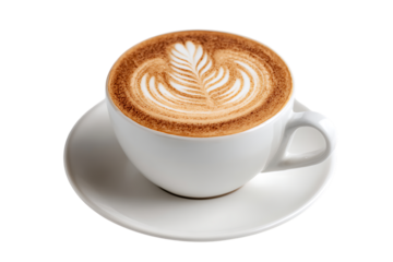 Close up of a cappuccino with intricate leaf shaped latte art in a white ceramic cup on saucer