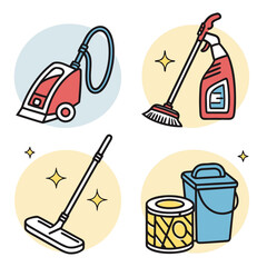 Collection of cleaning supplies including a vacuum broom mop spray bucket and cleaning solution container