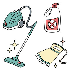 Illustration showing a vacuum cleaner, cleaning solution, and a cleaning cloth with sparkles around it