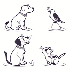 Illustration of two dogs a cat and a bird in black and white line art style with simple backgrounds