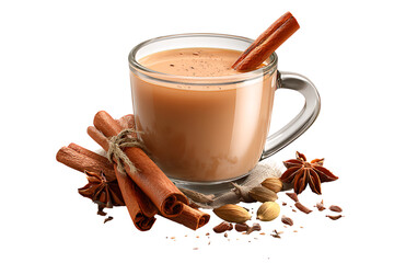 Aromatic chai tea latte in glass mug with cinnamon sticks, star anise, and spices on white background