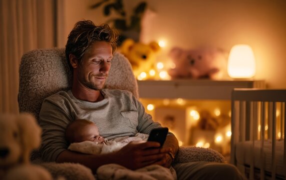 Father holding newborn baby and using smartphone at night