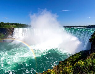 Fototapeta premium Majestic Niagara Falls under a vibrant blue sky, with a vibrant rainbow arching over the cascading water. Lush greenery surrounds the base of the falls