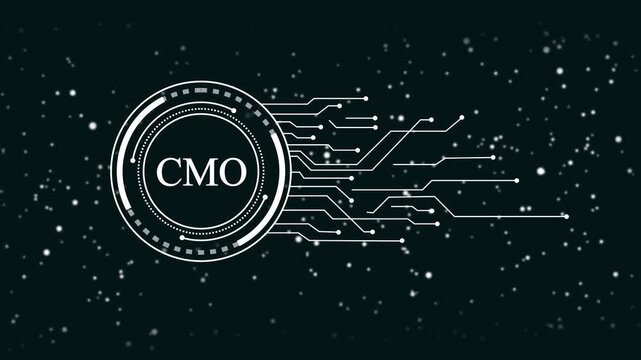Digital C M O logo emblem abstract technology circuit network connection data flow futuristic interface glowing particles dark background