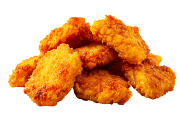 Close up of freshly fried, crispy chicken nuggets with a golden brown coating on white background