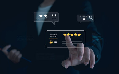 Customer satisfaction and feedback concept with businessman touching virtual 5-star rating on digital screen, representing positive customer review, quality service, and online reputation.