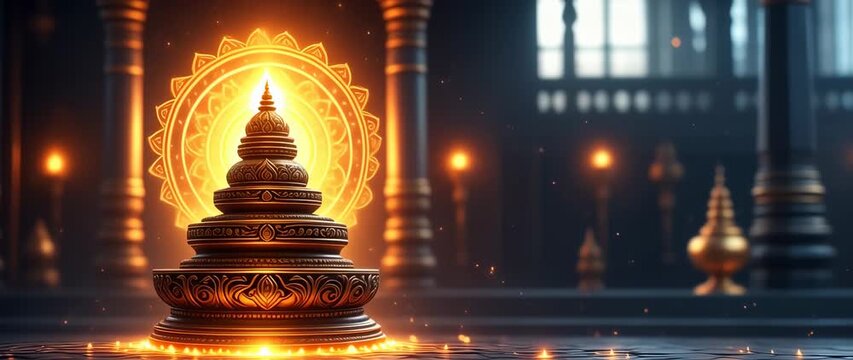 Majestic temple interior with ethereal golden light and intricate carvings for spiritual themes