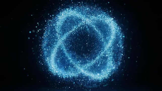 An abstract image of light particles forming a swirling cosmic atom in a dark space